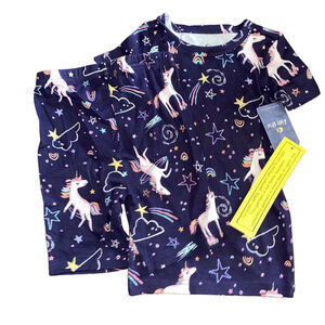 Girls Fish Stix Cotton Pajama Set Size 5 Navy Unicorn T-shirt and Shorts NWT